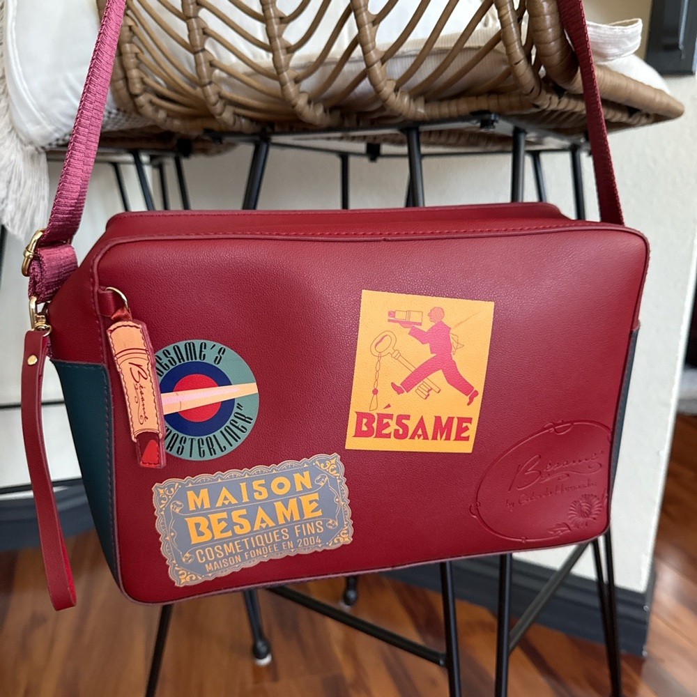Besame Cosmetics Red Crossbody Bag with Vintage decals